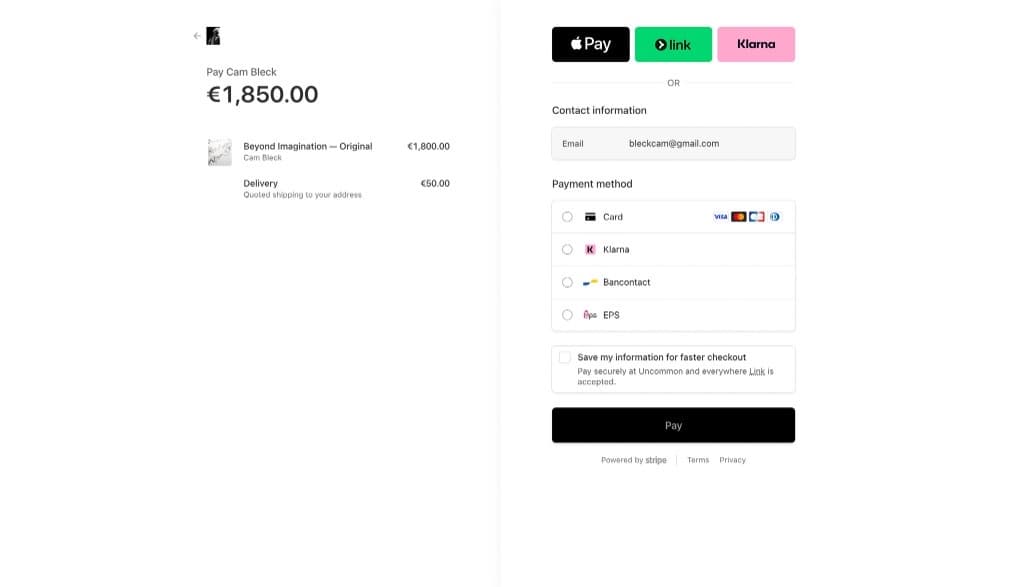 Paiement Stripe pour un achat galerie sur Uncommon Pay
